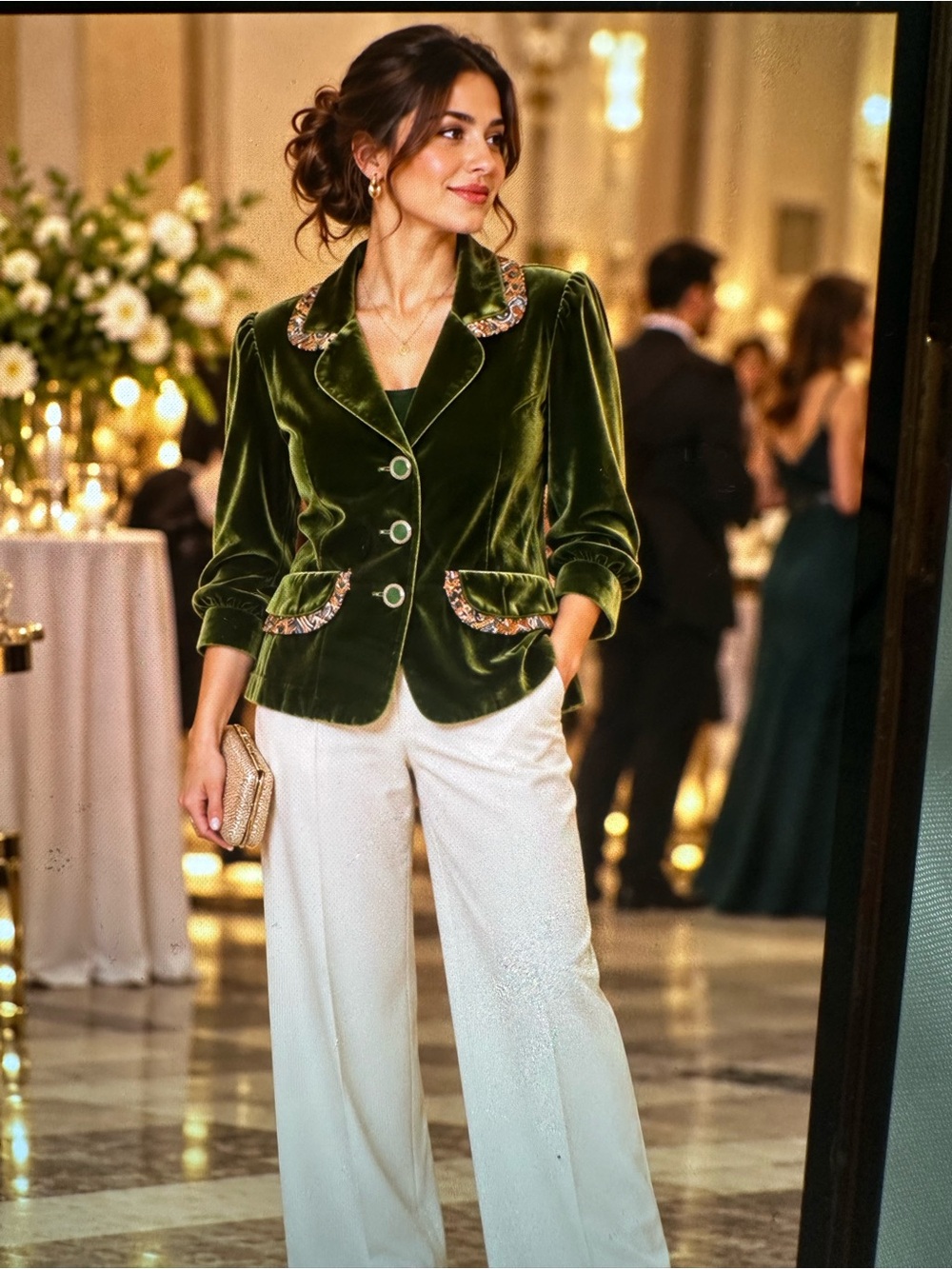 JH Collectibles Olive Green Velvet Blazer with Floral Trim